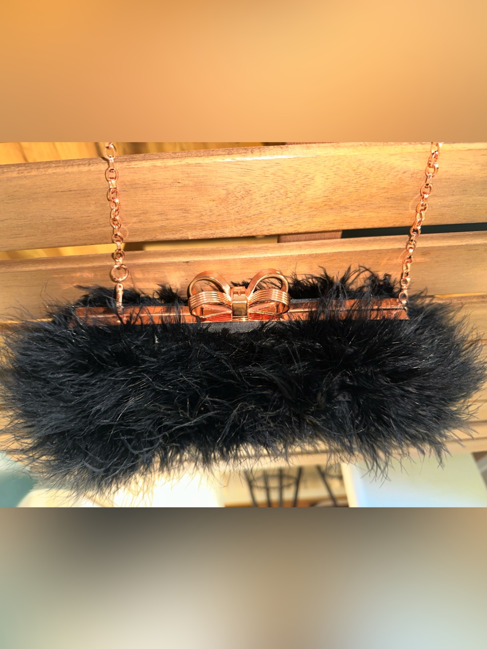 NEW RARE TED BAKER BLACK FAUX FEATHER CLUTCH WITH ROSE GOLD CLASP & CHAIN 🖤